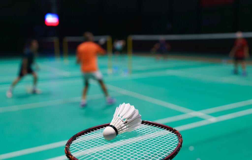 shuttlecock on green badminton playing court 2026 03 17 03 32 25 utc